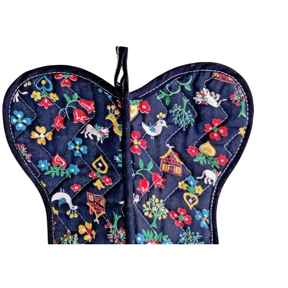 1950s Hot Pads 2 Scandinavian Penn Dutch Folk Art Print Butterfly Quilted NOS